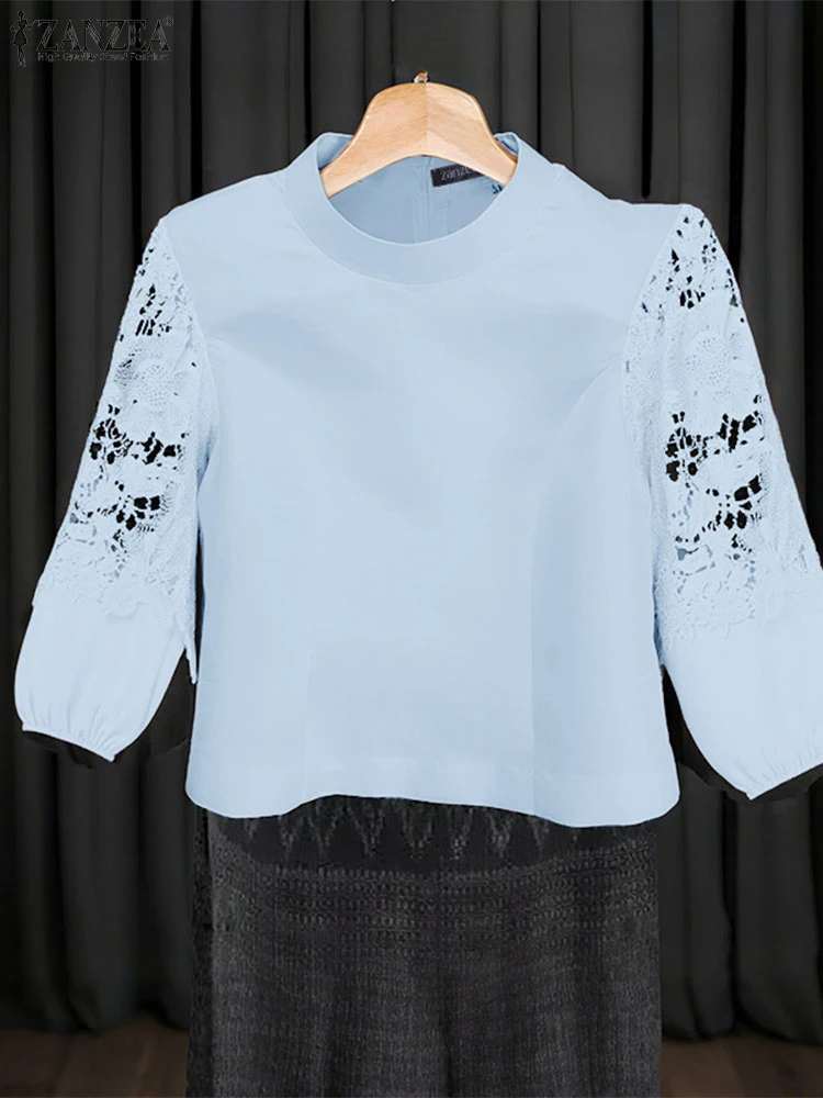 ZANZEA, Blusas elegantes de retazos de encaje para Mujer, Blusas transparentes de manga larga con cuello levantado para verano 2025, Tops informales de Color sólido para Mujer