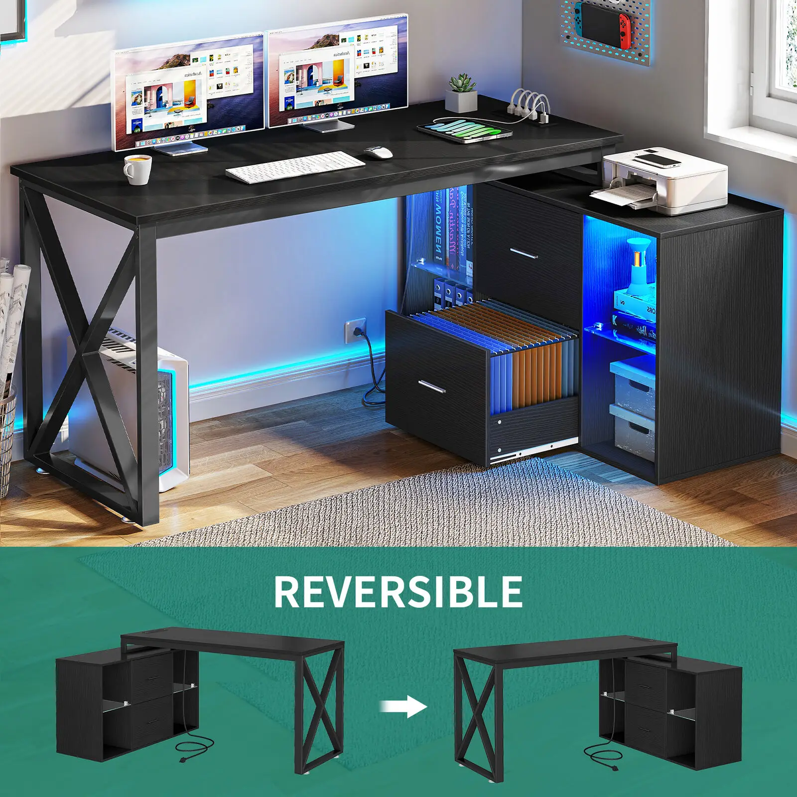 

55" Reversible L Shaped Desk Corner Computer Desk with Power Outlets & LED Light