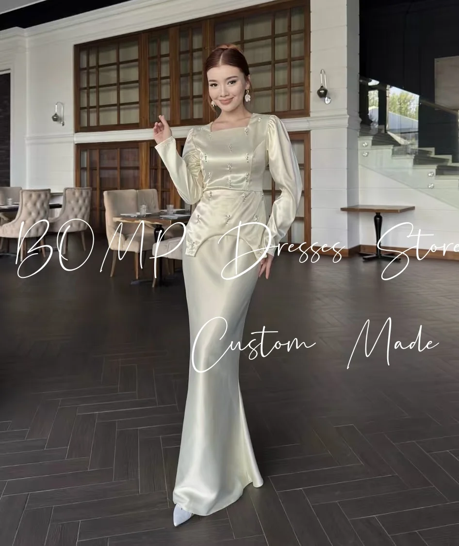 BOMP สง่างามลูกปัดชุดราตรีคอสี่เหลี่ยมแขนยาวนางเงือกความยาวซาตินงานแต่งงานชุดที่กำหนดเองคลาสสิก