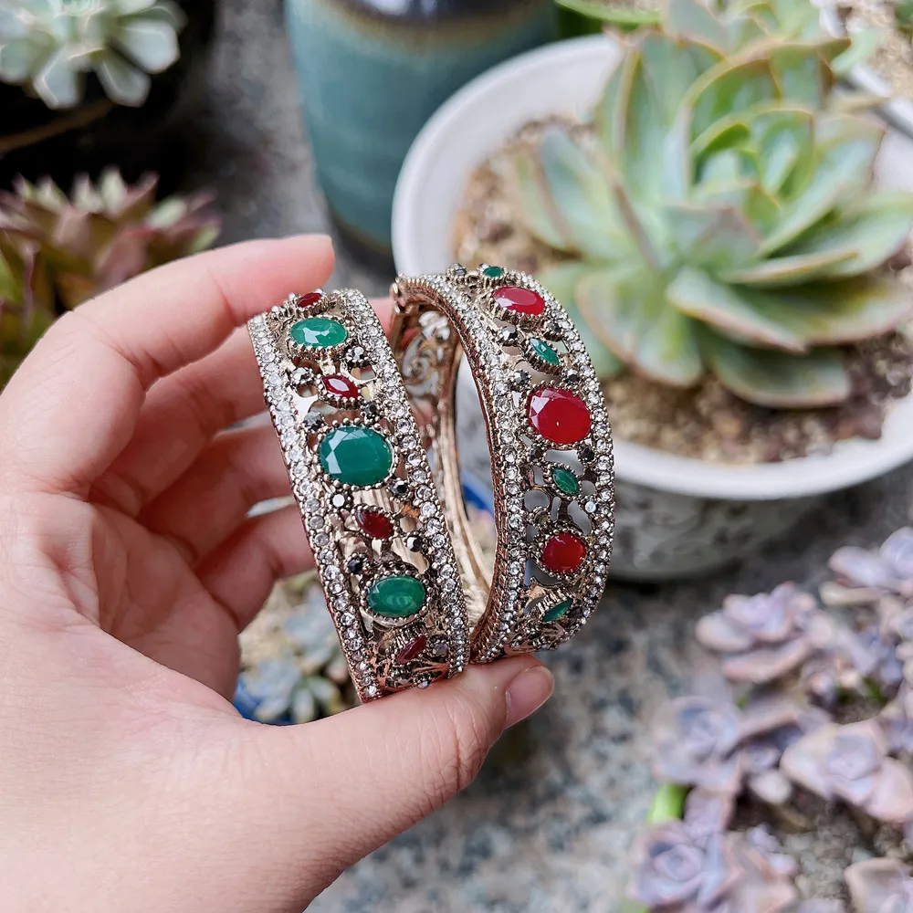 Exquisite Turkish Red Resin Retro Bangle Vintage Cuff Bracelet For Women Antique Gold Color Boho Wedding Jewelry