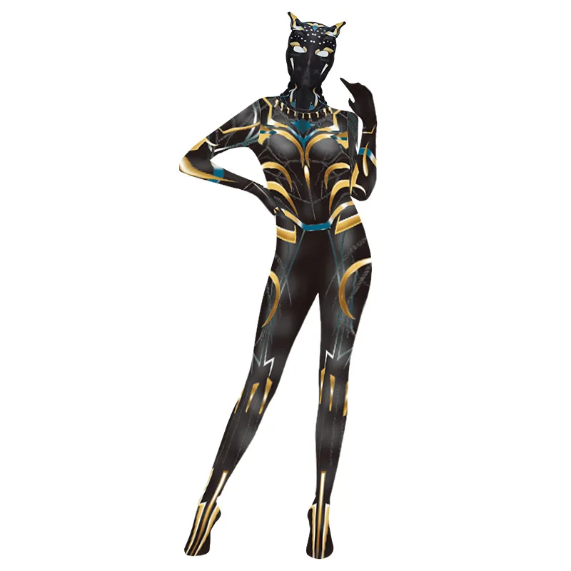 Hot Sale Character Superhero Cosplay Panther Black Jumpsuit Full Set Costumes Halloween Woman Girl with Headgear