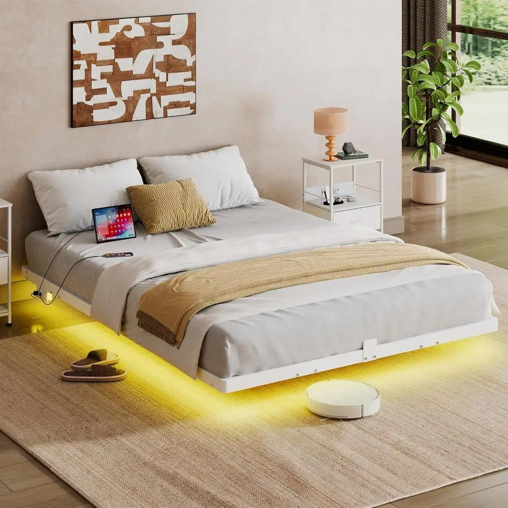 

Металлическая кровать-платформа размера «Queen», выдерживающая нагрузку до 680 кг, со светодиодной подсветкой и зарядной станцией, без пружинного блока, простая сборка, черная