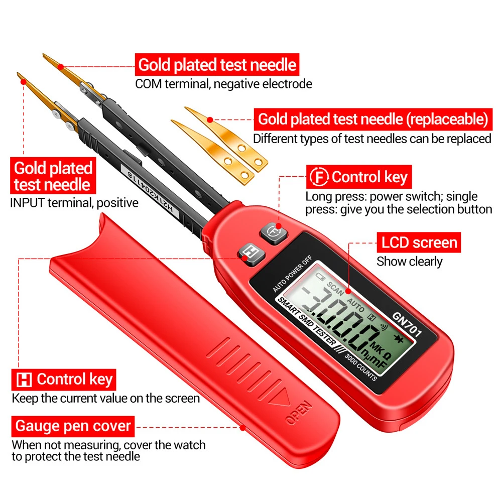 GN701 미니 스마트 핀셋 LCR SMD ESR 테스터 저항 커패시턴스 연속성 다이오드 테스트 미터 멀티 미터 측정 테스트