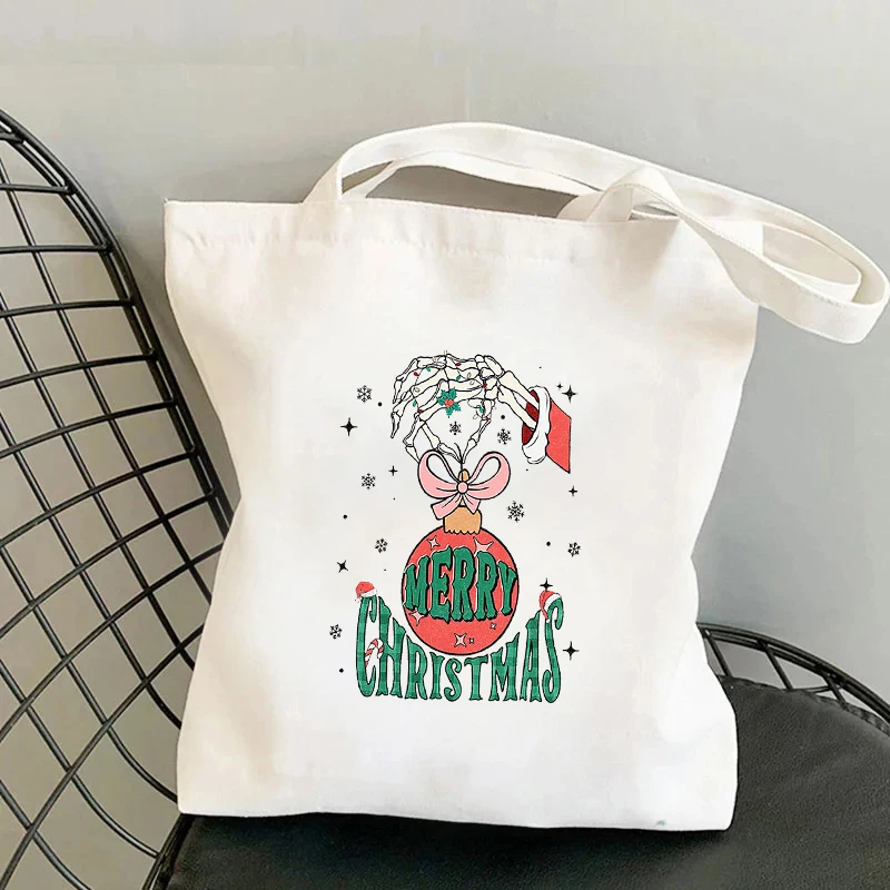 Merry Christmas Santa Printed Canvas Bag White Handbag Large Capacity Travel Shoulder Bags Reusable Shopping Bag Xmas Party Gift