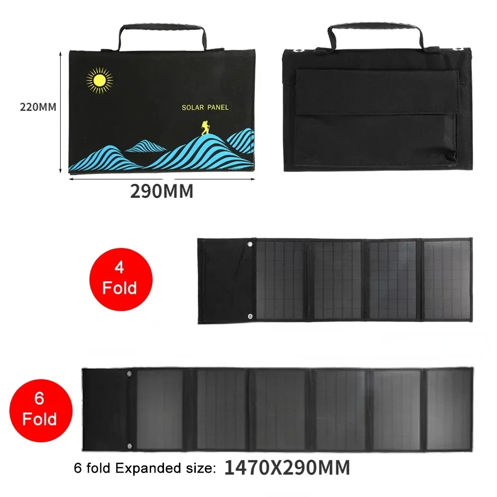 2024 New Portable 120W Solar Panel Folding Bag USB+DC Output Solar Charger Outdoor Power Supply Mobile Phone Generator