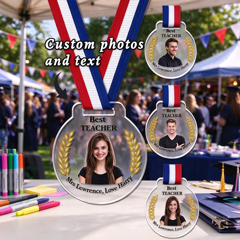 Custom Photo Text Acrylic Medal Keychain Personalized Graduation Award Club Activity Award Keepsake Thank You Teacher Souvenirs