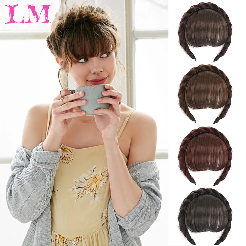 

LM Synthetic Fake Bangs Hair Neat Fringe Bands with Double Row Braids Headband Heat Resistant Bangs In Hair Extensions Hairpiece