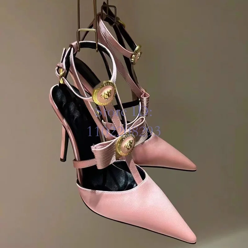 

Pointed Metal T-shaped Buckle Strap Stiletto Sandals Thin High Heeled Shallow Bow Buckle Back Strap Sandals Women Fashion Shoes