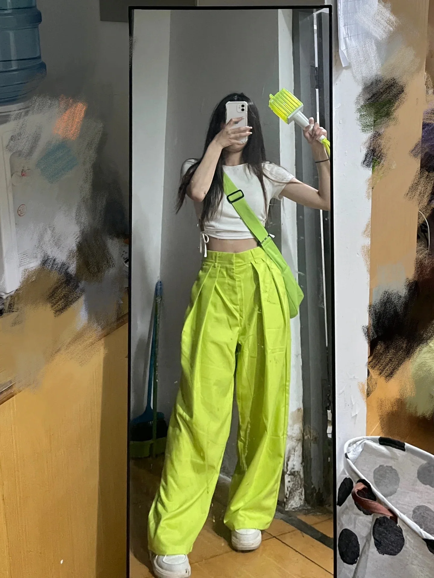 

American Retro Green Wide Leg Suit Casual Pants Women Summer High Waist Loose Slimming Drapey Straight Floor-Length Trousers