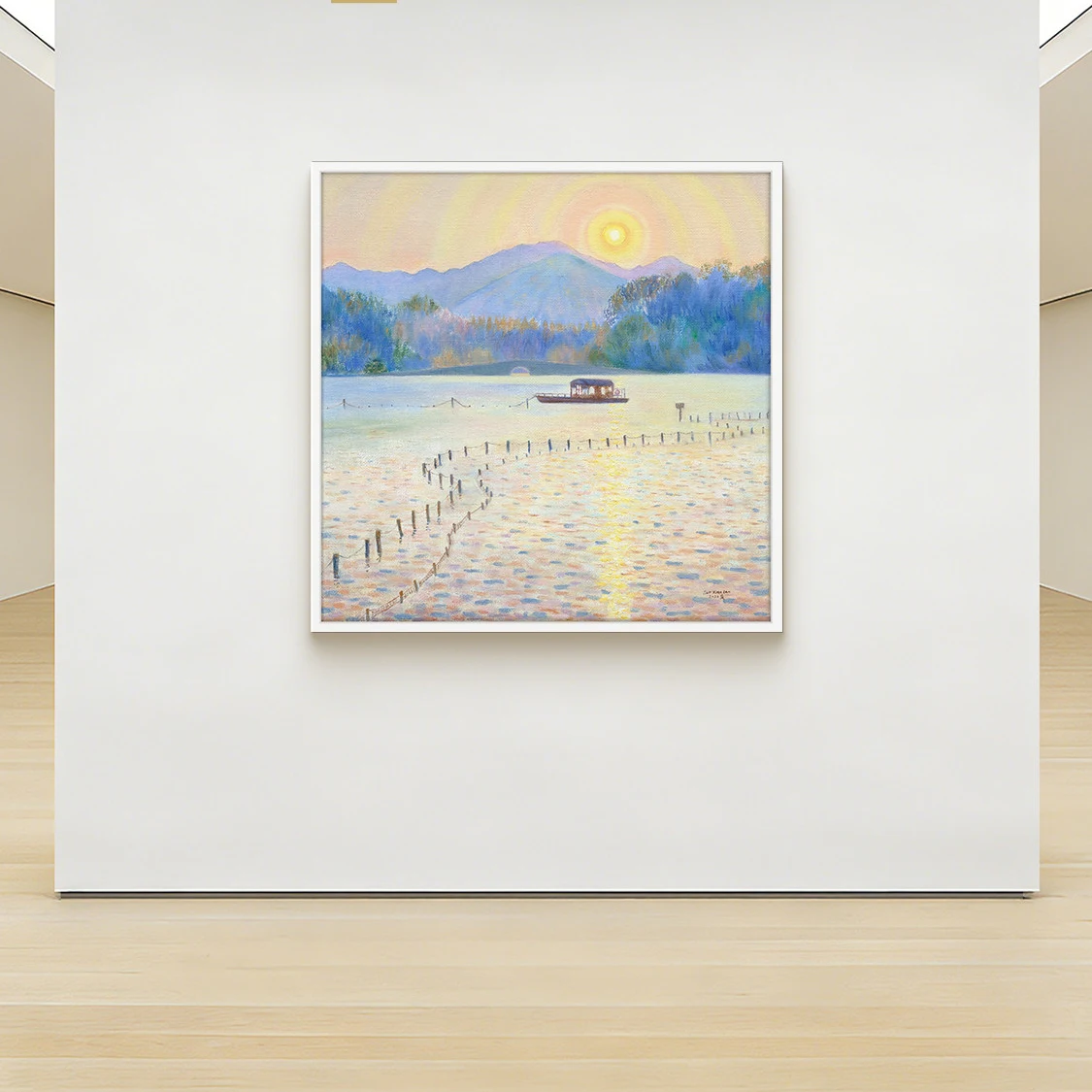 Impressionist Sunset Lake Boat Canvas Wall Art, Artist Signed Limited 399 Edition, Serene Pastel Landscape for Home Framed Art