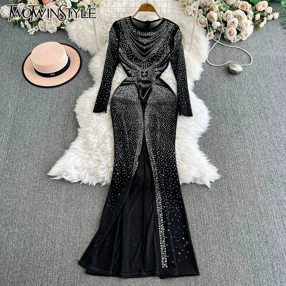 TWOTWINSTYLE Slimming Split Formal Dresses For Women Round Neck Long Sleeve High Waist Patchwork Diamonds Dress Female KDR517750