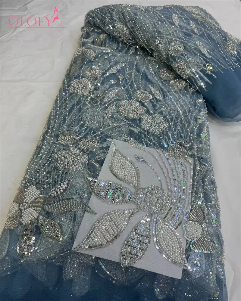 OLOEY High Quality Handmade African Lace Fabric with Beads And Sequins for Wedding Dresses And Parties Latest Fashion Trend