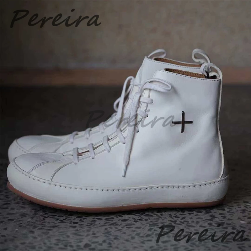 

Men's White Leather High Top Shoes Trendy Thick Soled Round Toe Lac-Up Casual Shoes Spring Summer Outdoor Comfortable Sneakers