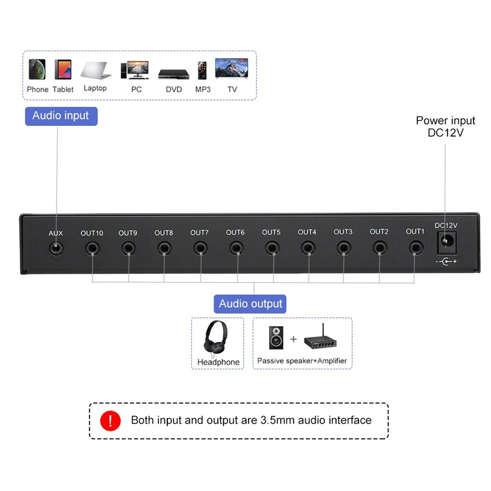 

ABAN AU-HP10 10 Channel Stereo Headphone Amplifier Audio 1Input 10 Output Preamplifier -Control NJM4556A DC12-24V