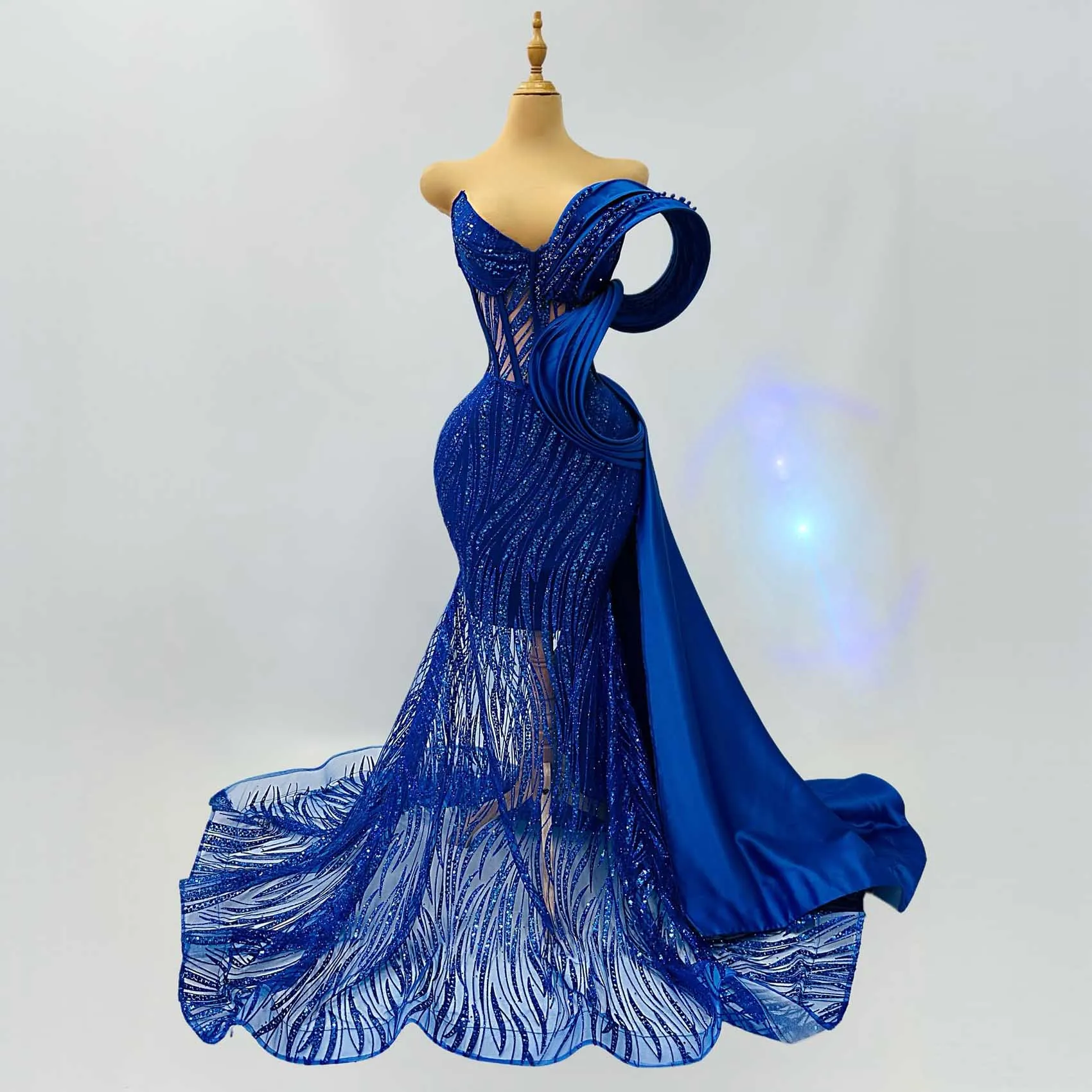 

African Blue Lace Evening Dresses Real Photos Pleated Beading Wedding Party Dress Aso Ebi Style Mermaid Birthday Dress Prom Gown