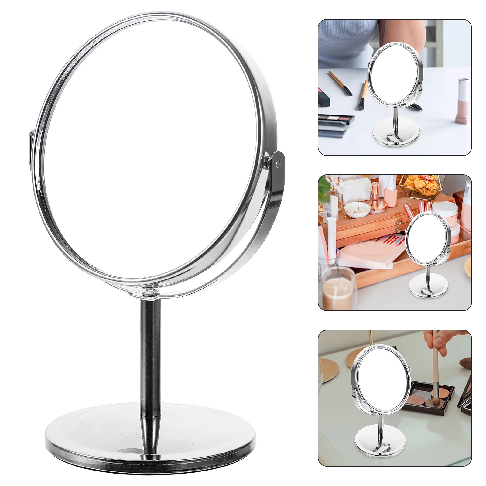 Desktop make-upspiegel dubbelzijdig draaibaar rond klassiek 4 inch zilver make-up persoonlijke spiegels meisje man