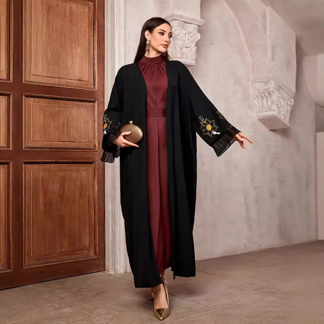 أزياء إسلامية أنيقة رائجة البيع للموسم الجديد في الشرق الأوسط دبي رداء عربي طويل بأكمام تشبه جناح الخفّاش سترة مفتوحة من البوليستر... #4