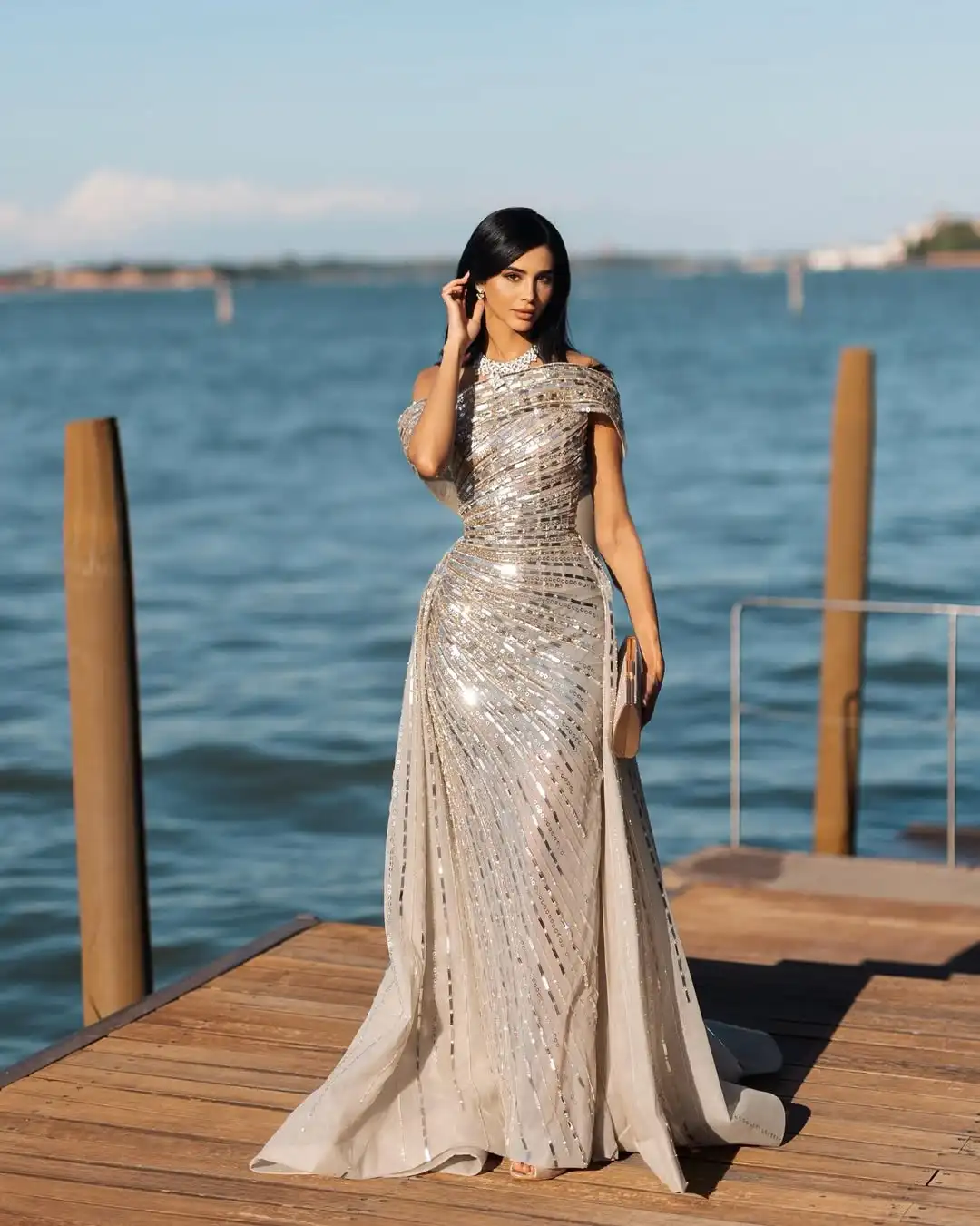 

Новые роскошные вечерние платья с бисером и пайетками, А-силуэт, с открытыми плечами, для выпускного вечера, со съемным шлейфом, vestidos de fiesta