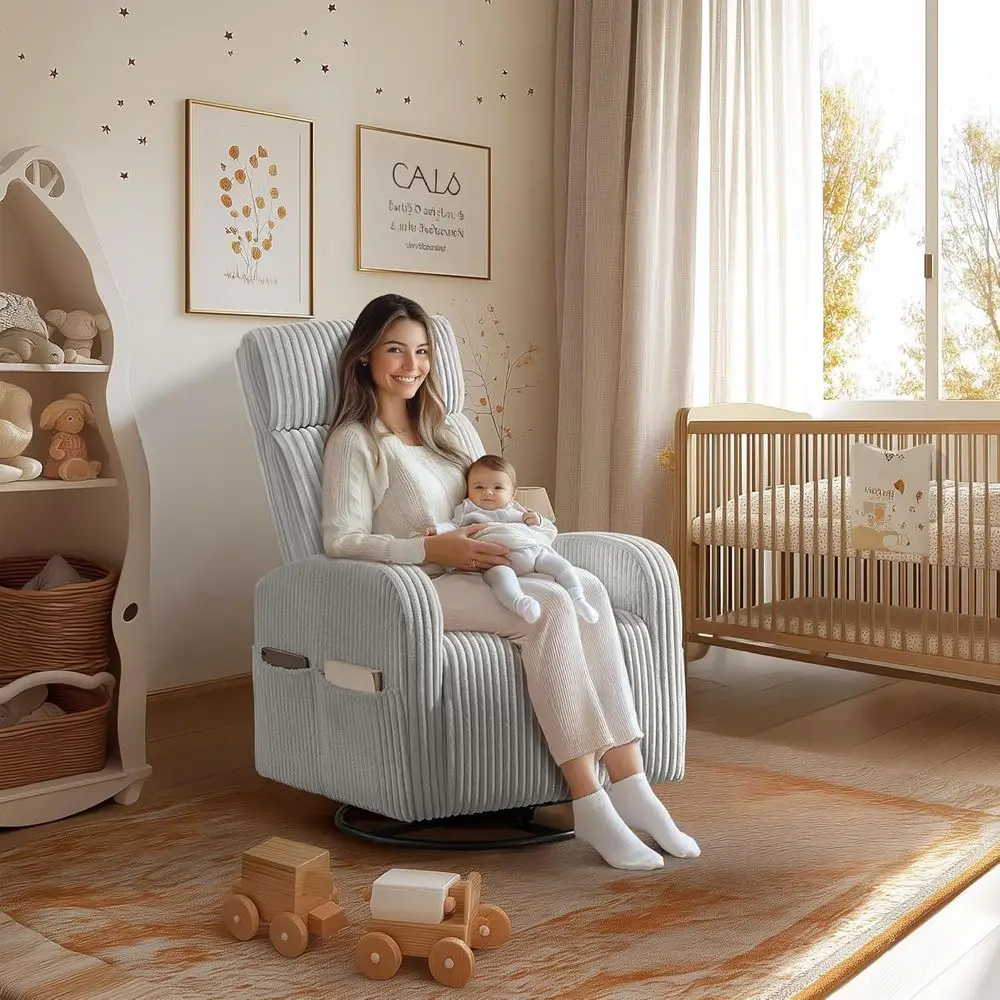 360° Swivel Nursing Chair with Side kets, Light Gray | Rocking Chair with High Backrest and Armrest, Corduroy Glider, 300lb acai