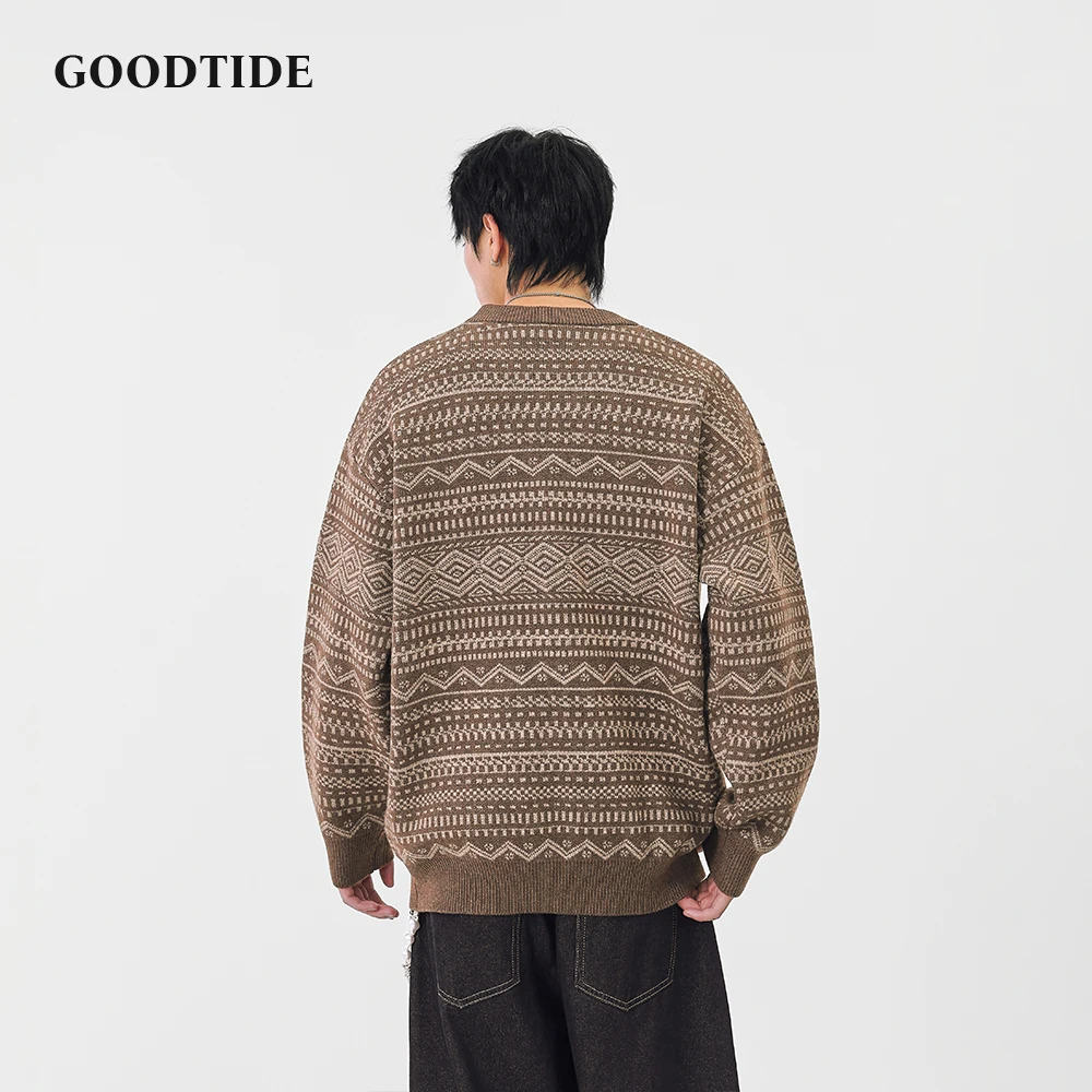 Fashion Men's Casual Crew Neck Sweater 2025 Winter New Ethnic Pattern Knitted Pullover Comfortable Soft Long Sleeve Jumper Top