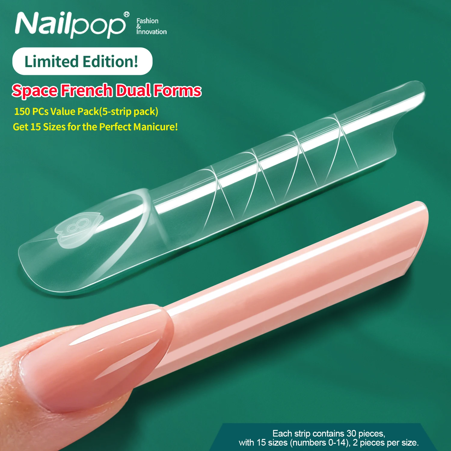 Nailpop Space - Moldes Duales para Uñas Francesas, 15 Tamaños, Puntas de Uñas Reutilizables, Diseño Especial, Herramientas de Extensión, Manicura, Salón, Bricolaje, 60/75/150 Piezas