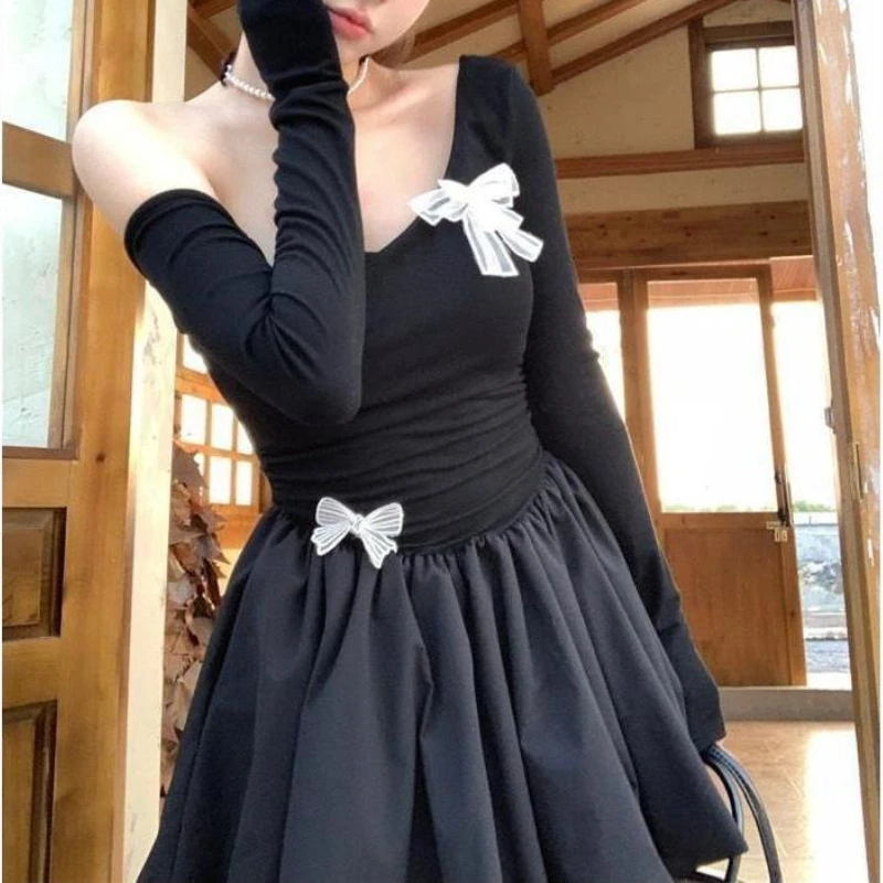 

Bow Black Slant Shoulder Long Sleeve Dress Skirt Slim Fit Waist Fluffy Short Skirt