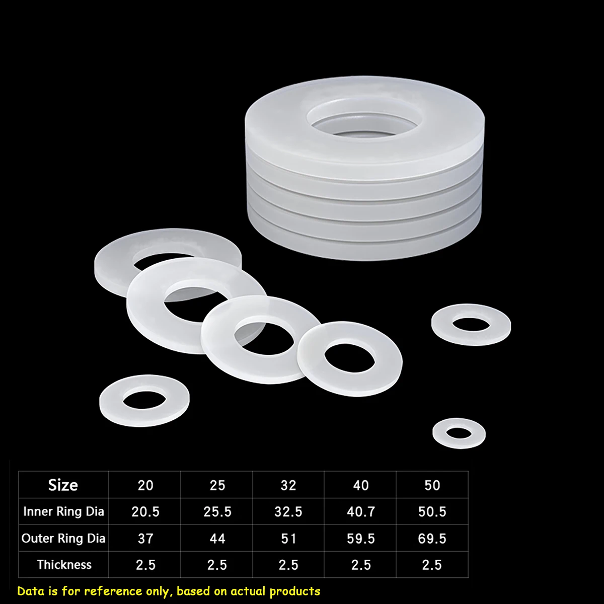 2Pcs White Silicone Flat Washer Thickness 2.5MM Round Sealing Rings Inner Dia 20mm 25mm 32mm 40mm 50mm