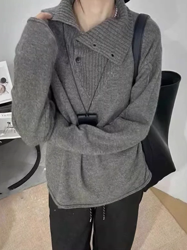 

Уютный мягкий вязаный свитер с длинными рукавами, высоким воротником и пуговицами, модный женский топ в корейском стиле для зимы
