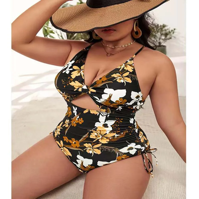 2023 New Sexy One Piece Swimsuit Big Size Fat Woman One-piece Bikini Vintage Print Drawstring Tie Up Hanging Swimwear Plus Size