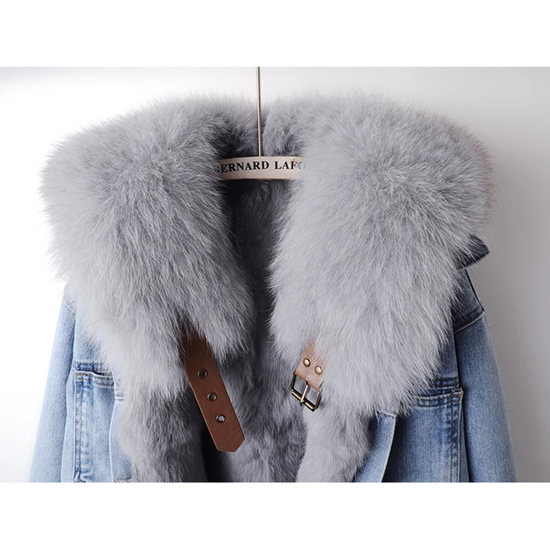 Winter Thick Real Fox Fur Collar Rabbit Fur Liner Denim Jacket Women Outerwear Vintage Blue Big Pocket Loose Jeans Jacket Female