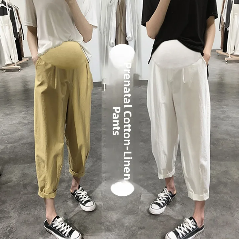

Maternity Jeans Summer Thin Casual Harlan Pants Belly Support Outerwear Lightweight Cotton Linen Nine Points Pants for Pregna...