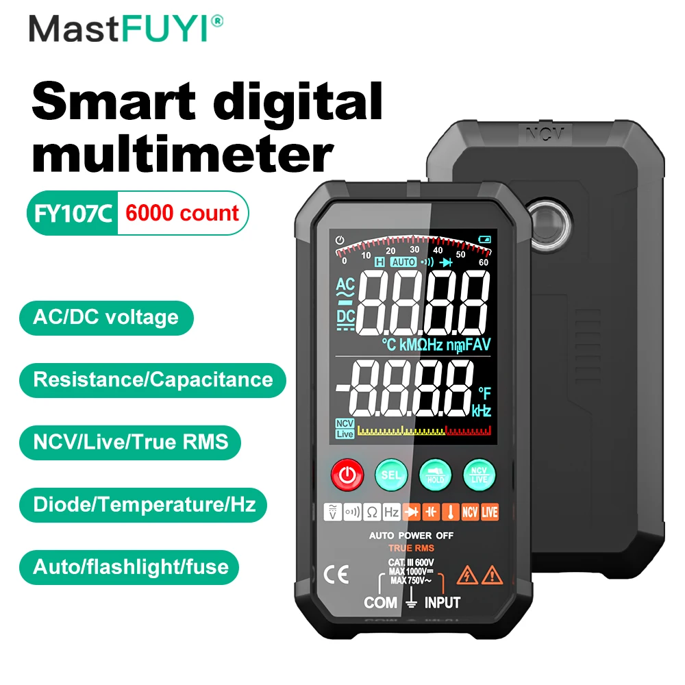 MASTFUYI large screen digital multimeter AC and DC voltage ohms continuity test true RMS measurement temperature measurement