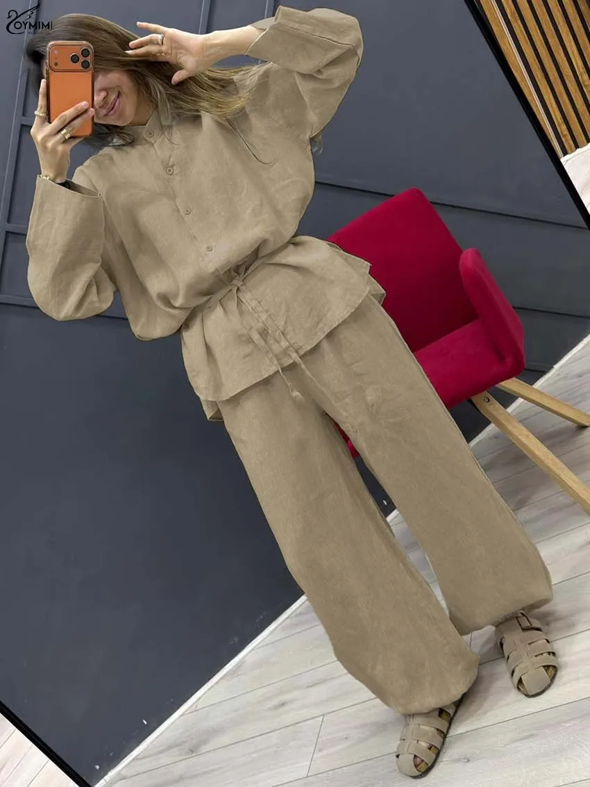 Conjunto de dos piezas elegante de algodón color caqui para mujer, de la marca Oymimi: camisa de manga larga con botones y pantalones sencillos, ideal para un look casual.