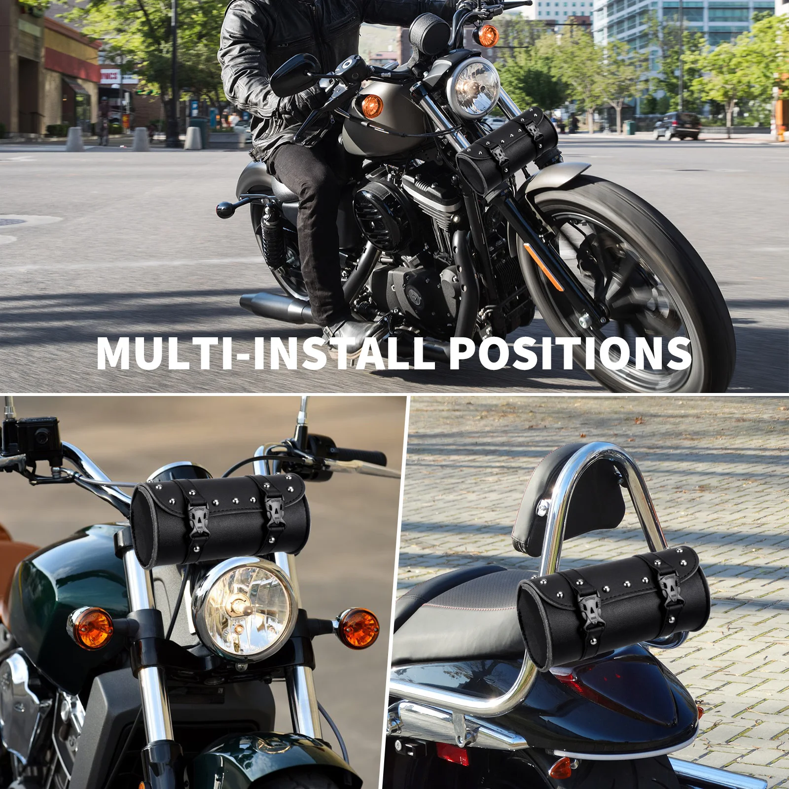 

Motorcycle Saddlebags Electric Bike Side Bag Heavy Duty Waterproof Luggage Top Flap Openings Storage PU Studs Synthetic