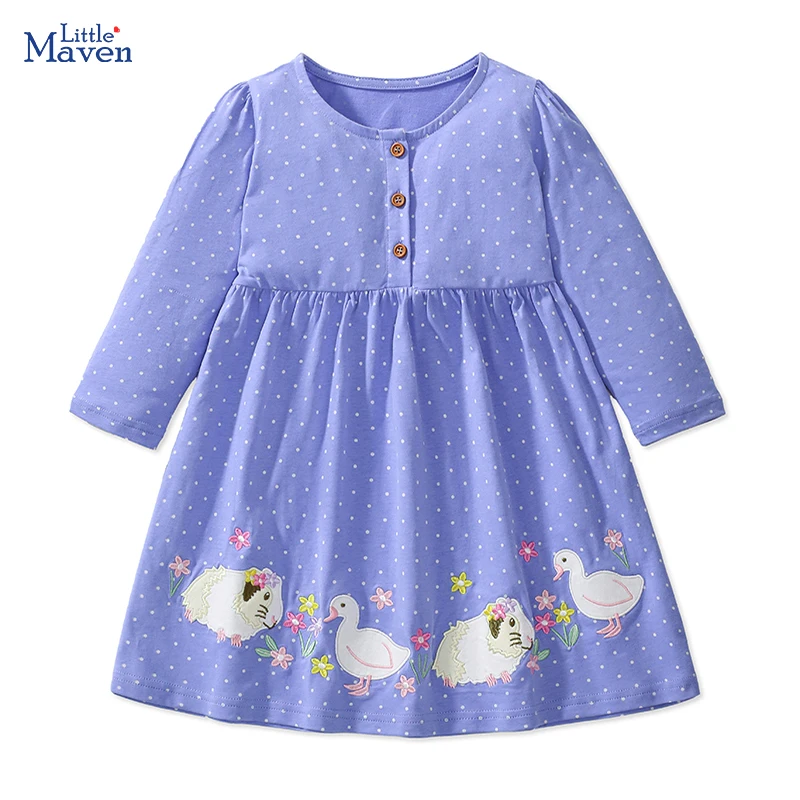 Little maven Baby Girls 2024 Autumn Children\'s Clothing Kids Clothes Cotton Long Sleeves Embroidery Cartoon Animals Dresses