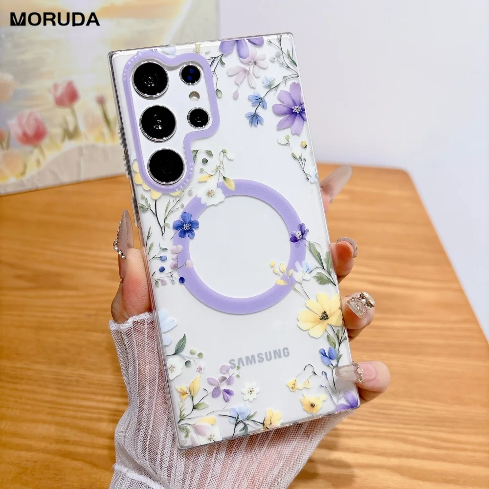 Cartoon Flower for Magsafe Case for Samsung Galaxy S26 S25 S23 Ultra S24 Plus Magnetic Wireless Charging Transparent Matte Cover