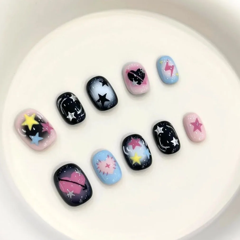 

10Pcs Handmade Press on Nails Cute Sweetheart Colorful Star Full Coverage Nail for Women&Girl Short Detachable Wearable Nail