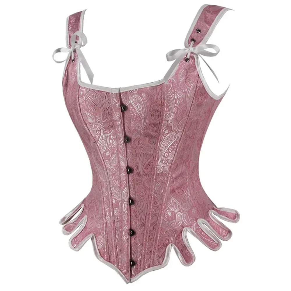 Pink Brocades Gothic Corset with Should Strap Women Medieval Renaissance Overbust Bustier