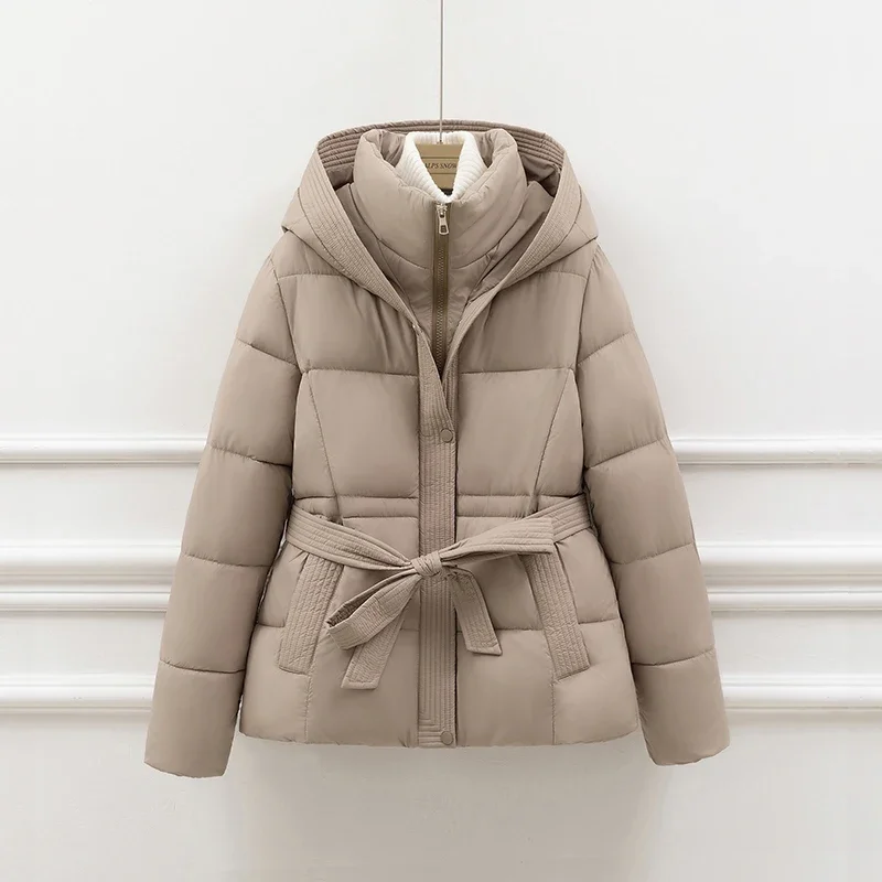 Otoño Invierno nueva Chaqueta corta de algodón abrigo con capucha Dstring cintura adelgazante prendas de vestir exteriores femeninas