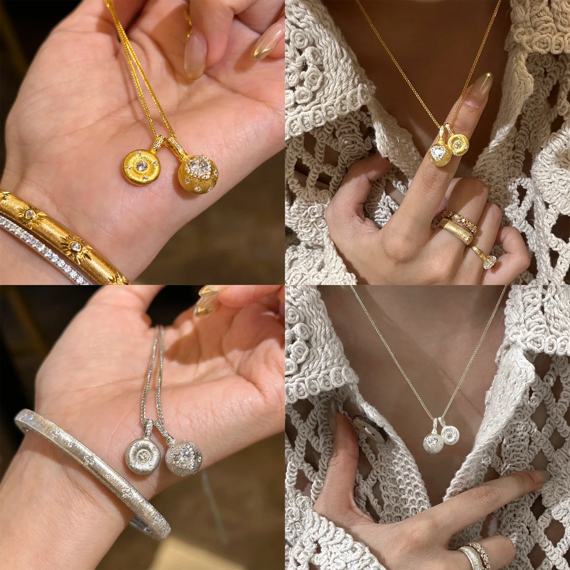 Foydjew French Style Retro Brushed Round and Heart-shaped Pendant Necklaces Inlaid Zircon Simple Clavicle Chain For Women