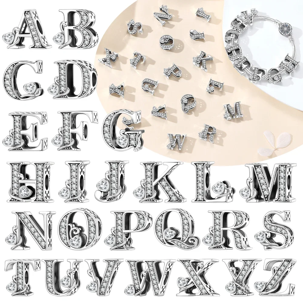925 Silver Vintage Heart Zircon Letter Beads Butterfly Charms Fit Bracelet Bag Keychain Name Fashion Jewelry Making Gift
