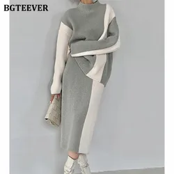 BGTEEVER Autumn Winter Patchwork Women Knitted Set Long Sleeve Pullovers Female Straight Skirts Ladies Warm Sweater Set