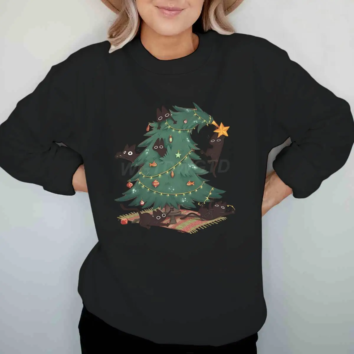 مضحك شجرة القط الأسود طباعة النساء بلوزات عيد ميلاد سعيد حفلة مطابقة الملابس الكرتون الحيوان تصميم عيد الميلاد بلايز عادية
