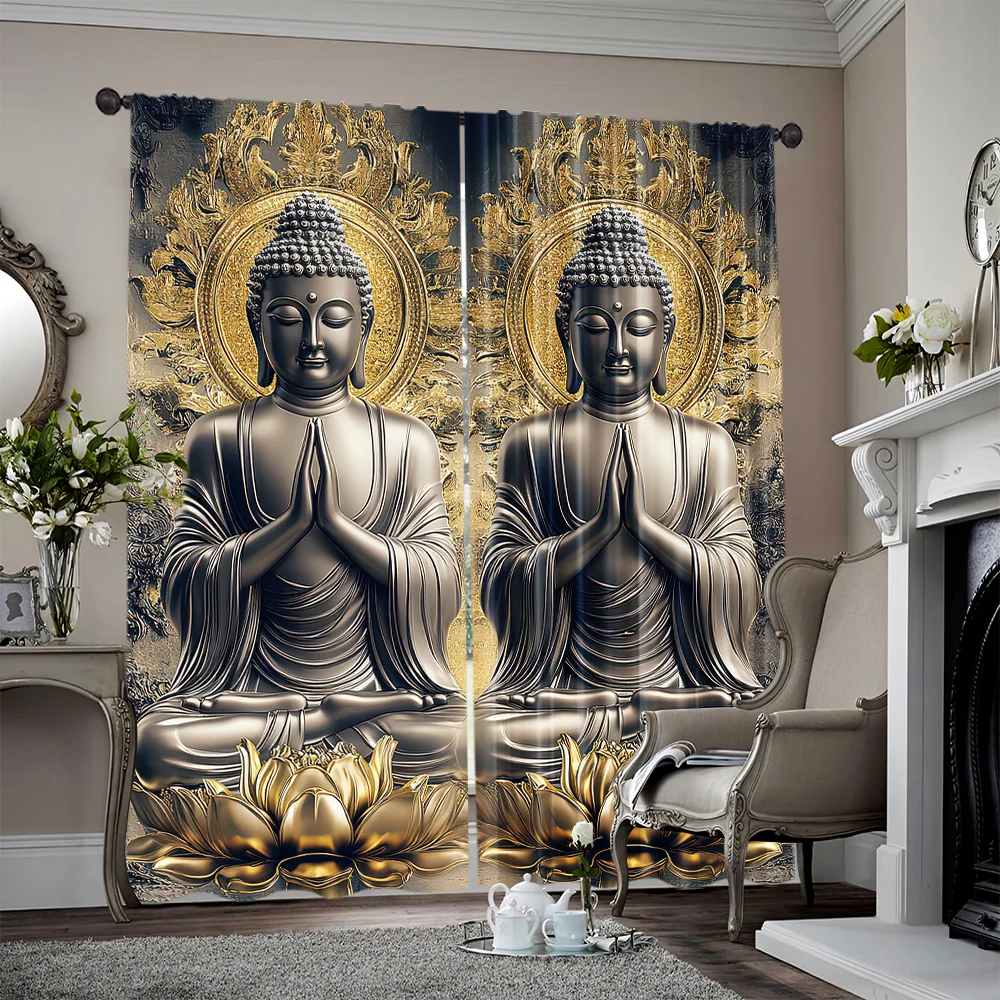 2pcs, 2D flat printing Party Curtains Two Buddhas Lotus Position Art 100% Polyester,Without Electricity Birthday Party Applies