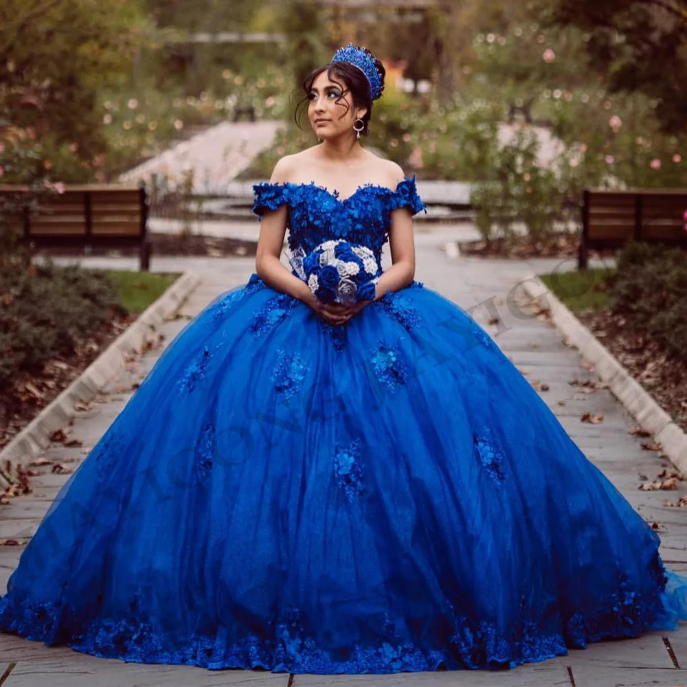 Royal Blue Ball Gown Quinceanera Dress Jiayigong 3D Flowers Applique Beading Princess Sweet 15 Year  Birthday Party Dresses