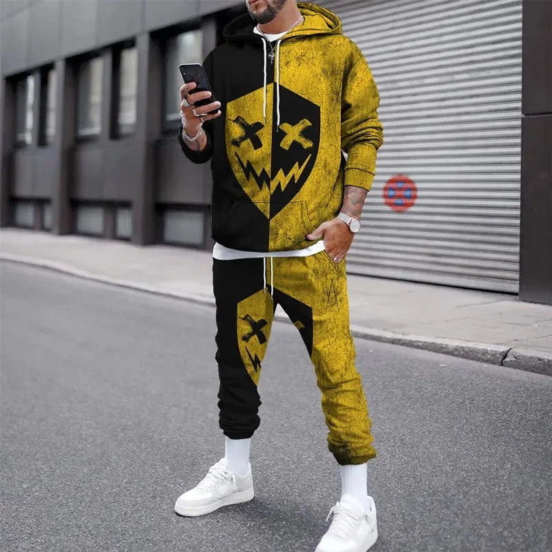 3D Smile Face Print autunno inverno tute felpe con cappuccio da uomo pantaloni tuta pantaloni tute Pullover pantaloni sportivi Casual Streetwear Set