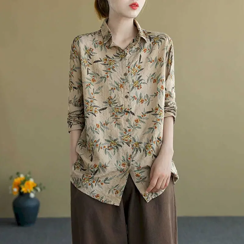 

Рубашки из 95% хлопка, женская модная винтажная свободная рубашка с принтом, блузка с длинными рукавами и художественным лацканом, весенне-осенняя трендовая рубашка, топы Y2k