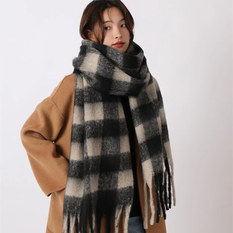 Faux Cashmere Scarfs Women Winter Warm High Level Fashion Versatile Scarf Female Blue Plaid Casual Scarf Solid Color Soft Wraps