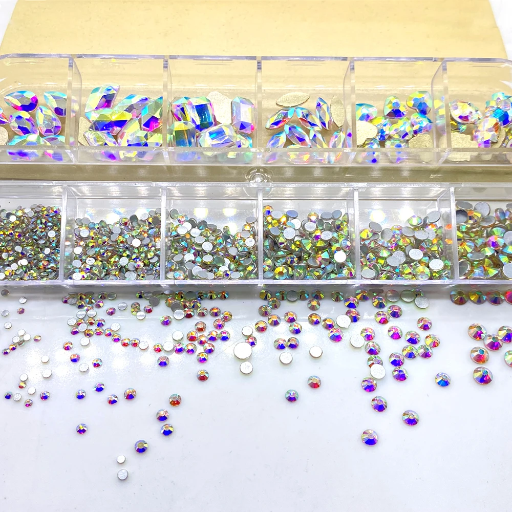 12Gird Box Multi Größe Farbe Flatback Glas Strass Nail art Zubehör Dekorative Kristall Diamant DIY Handwerk Steine – Detail 9
