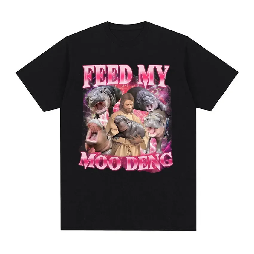 Funny Jesus Holding Moo Deng Cute The Hippo T Shirt Summer Fashion Hip Hop T-shirt Men Teenager Casual O-Neck 100% Cotton Tees